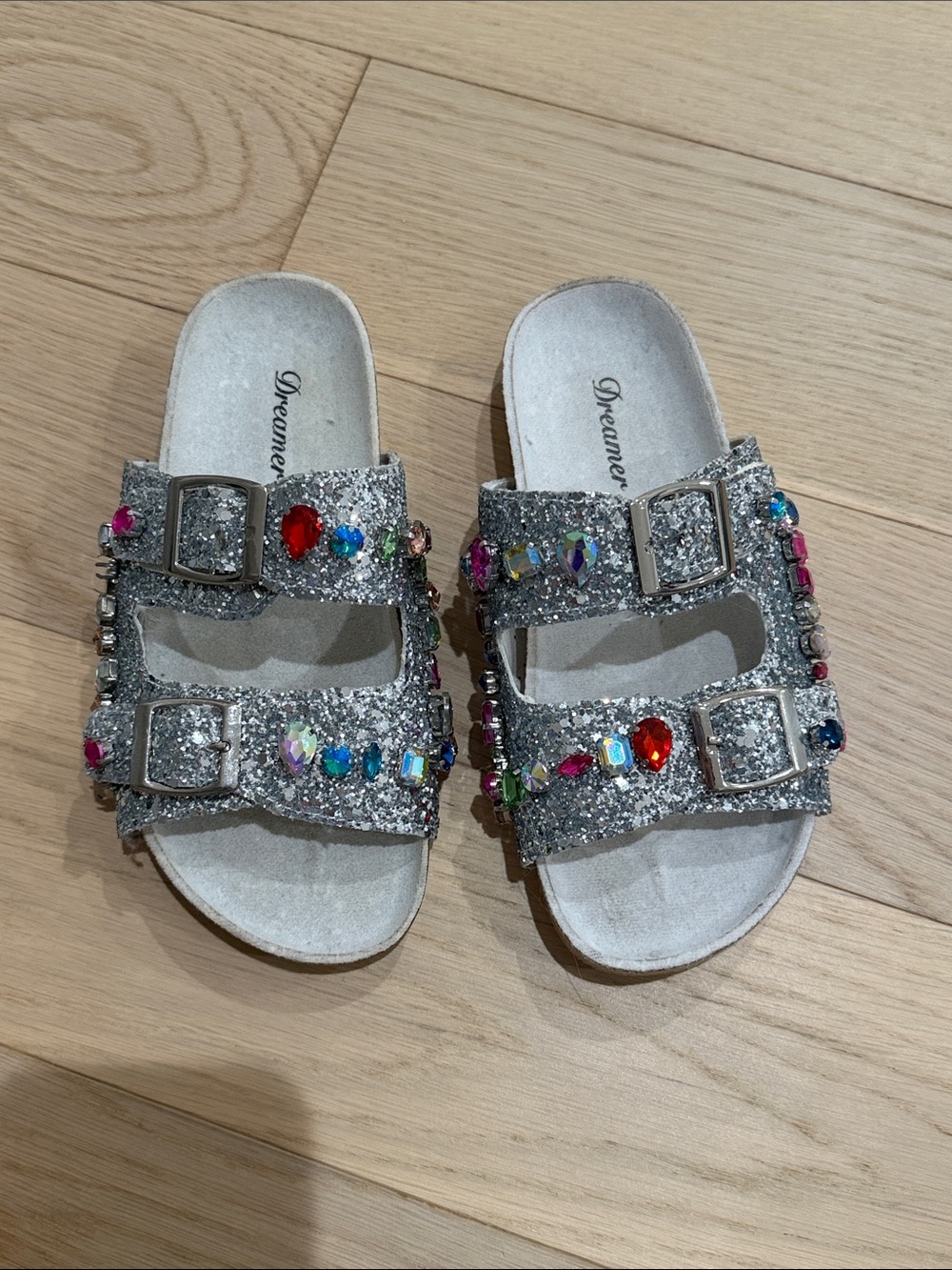 Sparkly Bejeweled Double Buckle Slides - Silver girls size 13/1